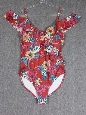 RUE 21 RUE BLEU WOMENS RUST RED BROWN FLORAL COLD SHOULDER ONE PIECE SWIMSUIT 1X